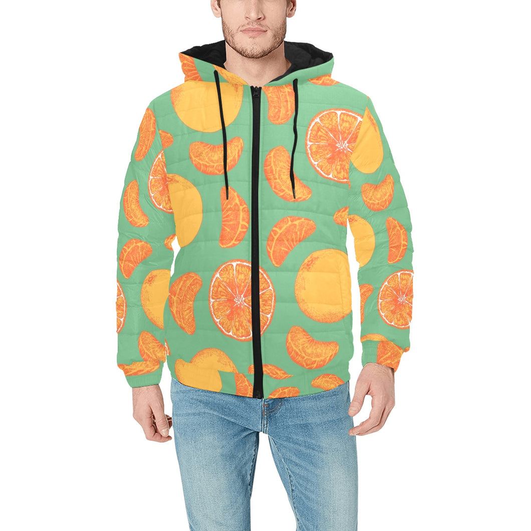 orange fruit pattern green background Men's Padded Hooded Jacket