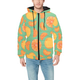 orange fruit pattern green background Men's Padded Hooded Jacket
