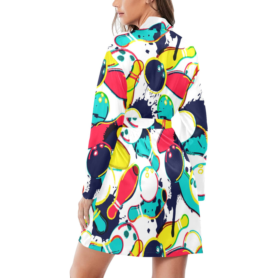 watercolor bowling ball pins Women's Long Sleeve Belted Night Robe