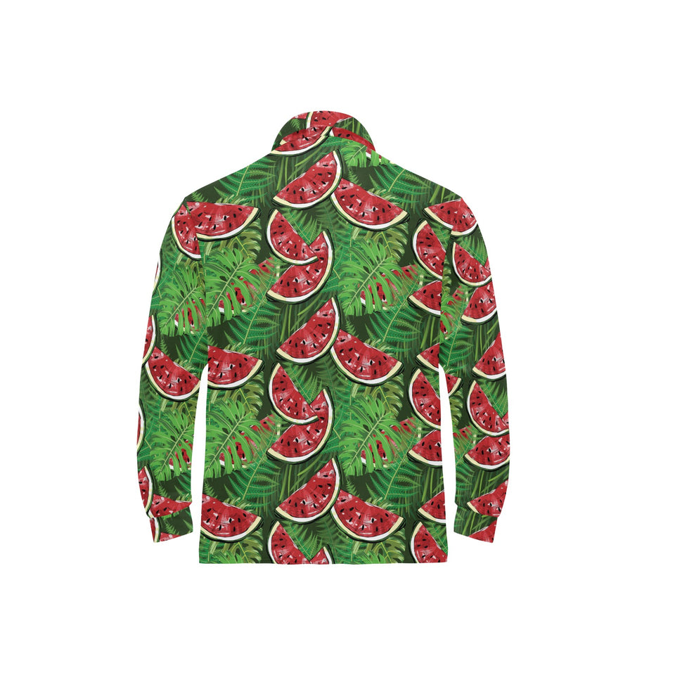 Watermelons tropical palm leaves pattern backgroun Men's Long Sleeve Polo Shirt