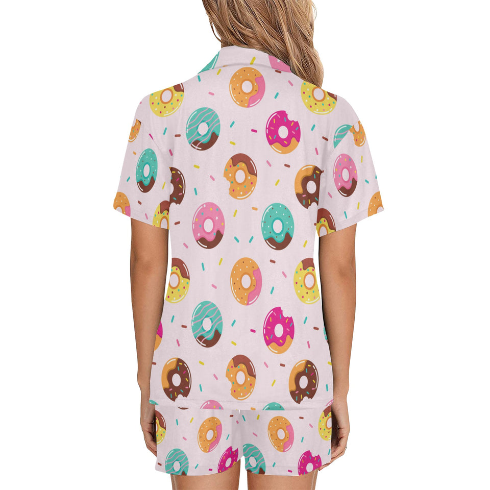 Donut pattern glaze pink background Women's V-Neck Short Pajama Set
