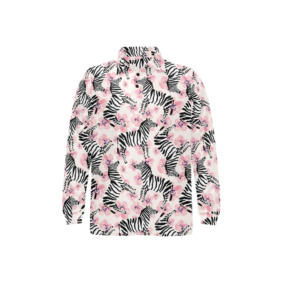 Zebra pink flower background Men's Long Sleeve Polo Shirt
