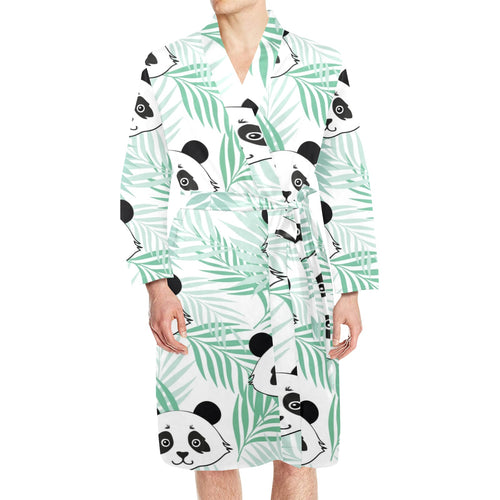 Panda pattern tropical leaves background Men's Long Sleeve Belted Night Robe