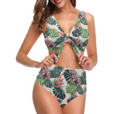 heliconia flowers, palm and monstera leaves Chest Bowknot High Waisted Bikini Swimsuit