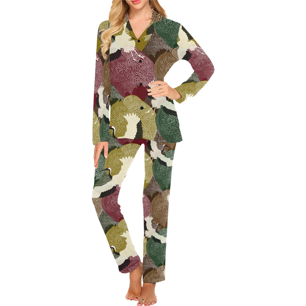 Japanese cranes flying forest dot pattern Women's Long Pajama Set