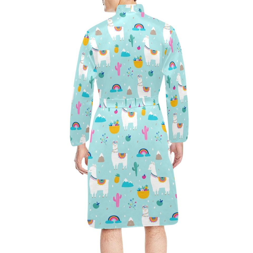 Llama alpaca cactus leaves pattern Men's Long Sleeve Belted Night Robe