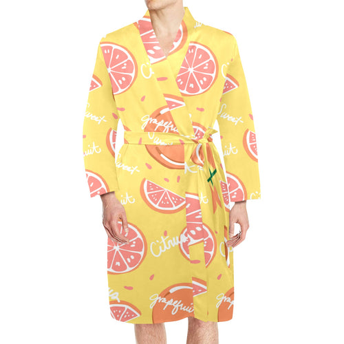 Grapefruit yellow background Men's Long Sleeve Belted Night Robe