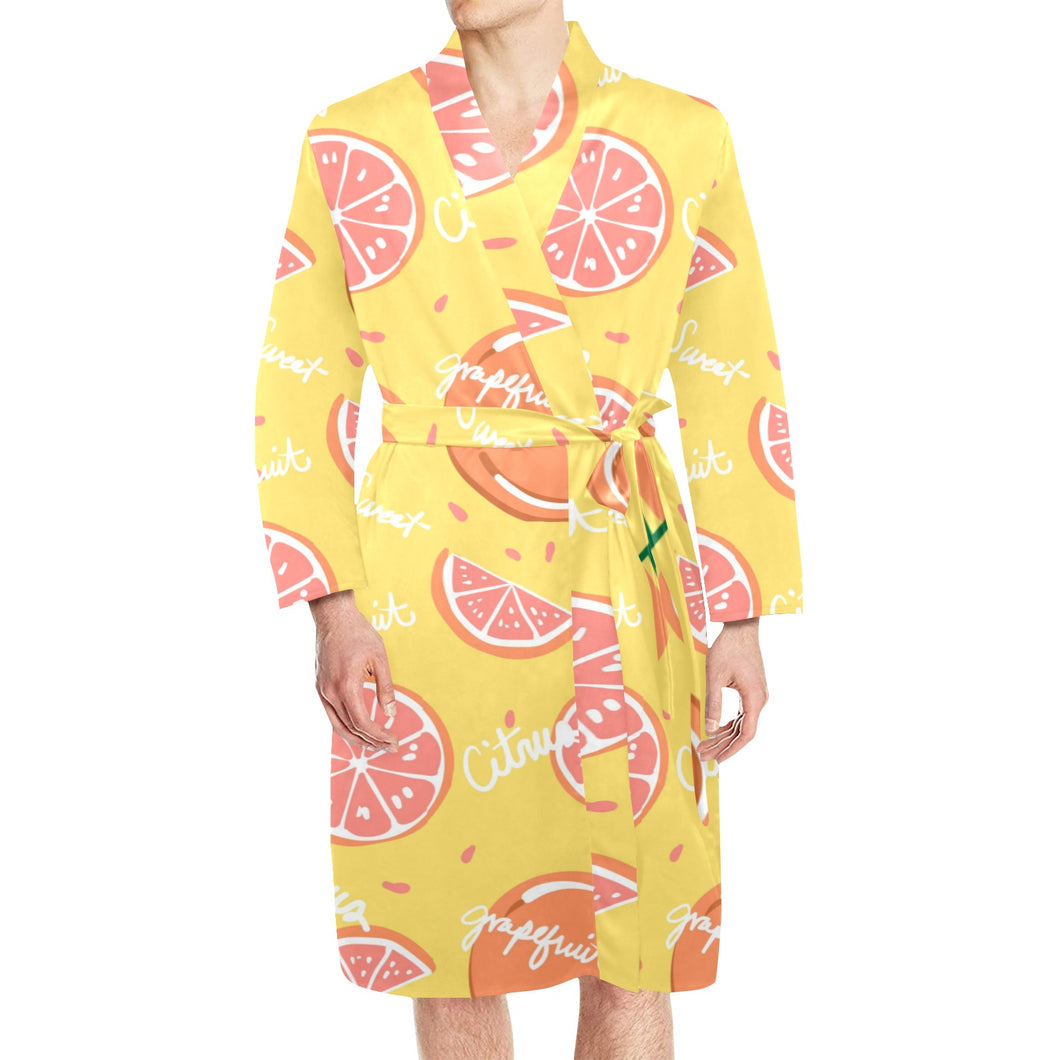 Grapefruit yellow background Men's Long Sleeve Belted Night Robe
