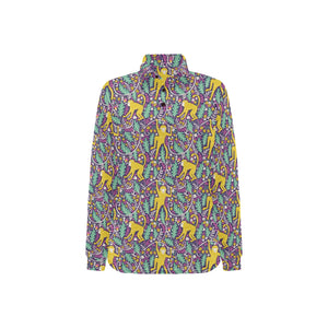 Cute yellow monkey leaves pattern Women's Long Sleeve Polo Shirt