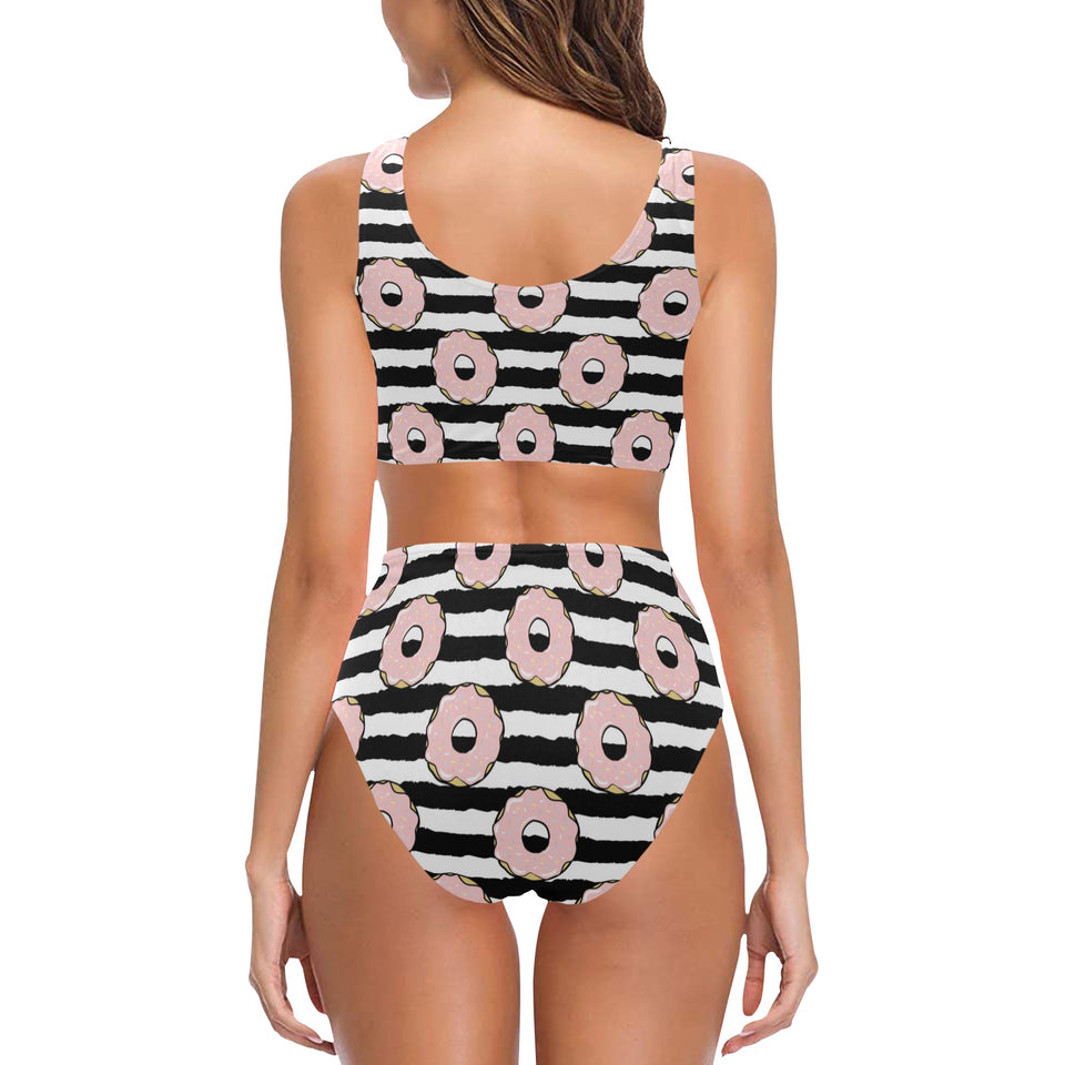 Donuts pink icing striped pattern Chest Bowknot High Waisted Bikini Swimsuit