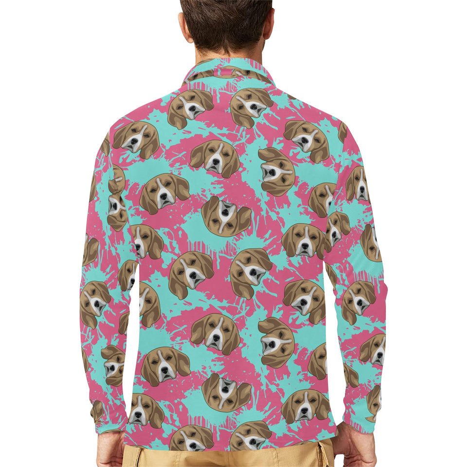 Beagle muzzles turquoise paint splashes pink patte Men's Long Sleeve Polo Shirt