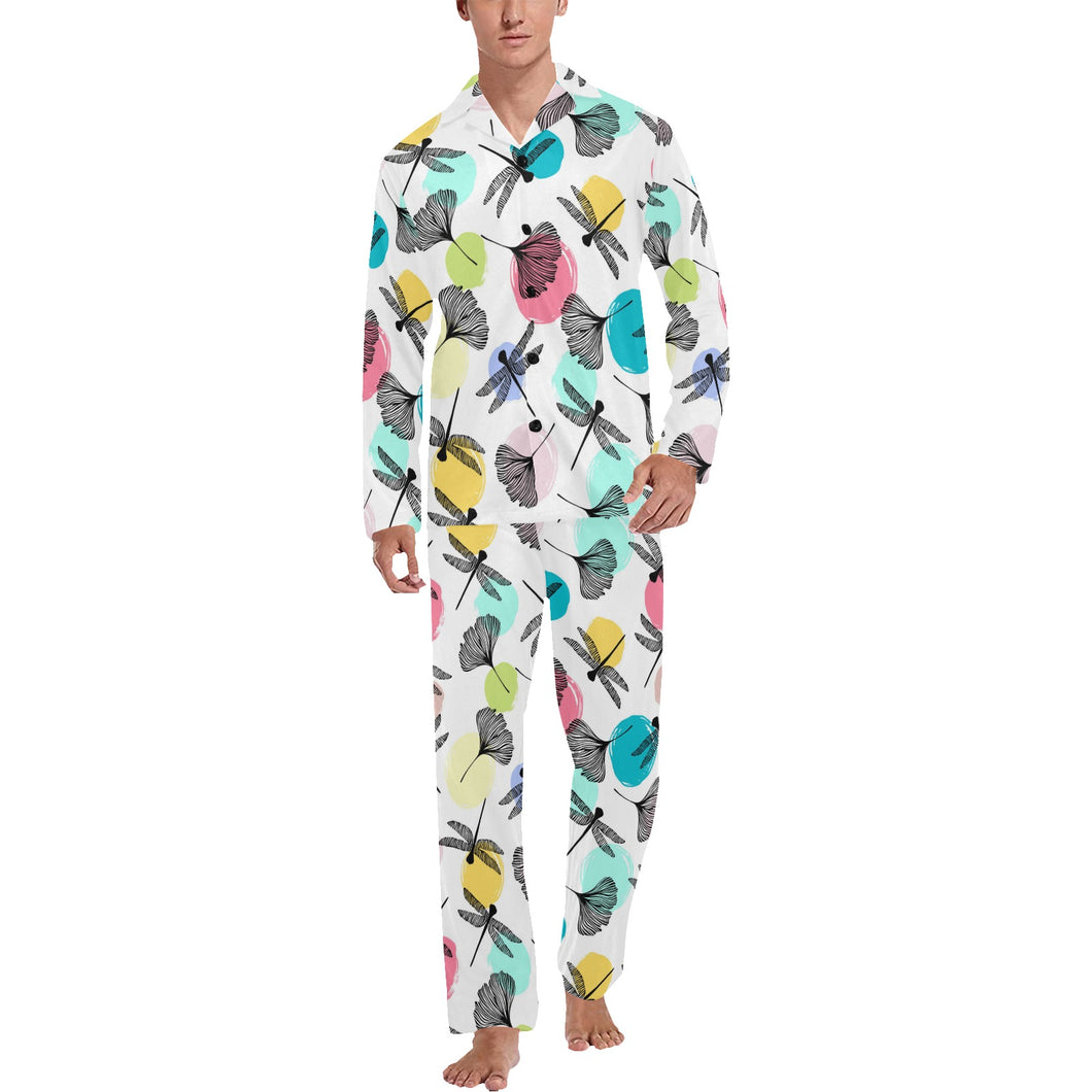 Dragonflies ginkgo leaves pattern Men's Long Pajama Set