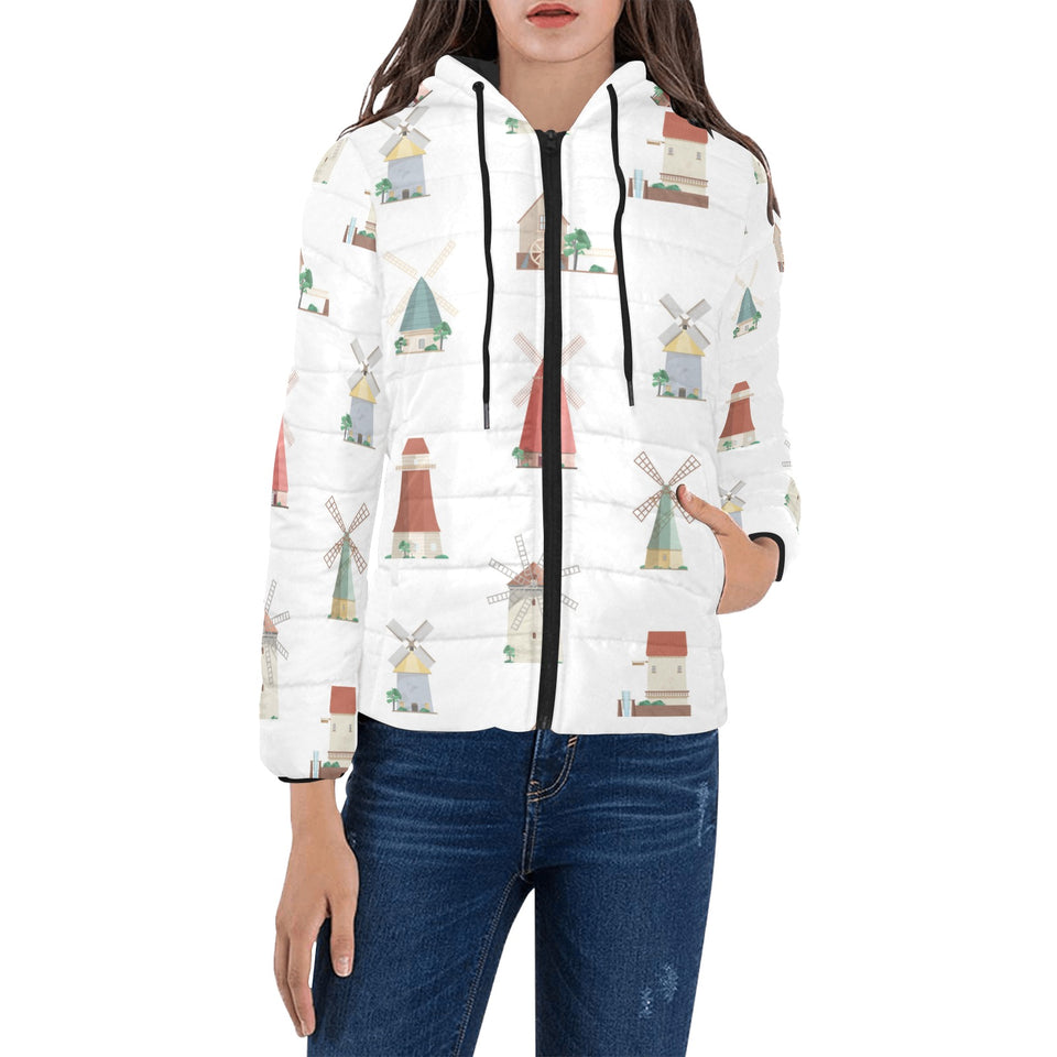 windmill design pattern Women's Padded Hooded Jacket