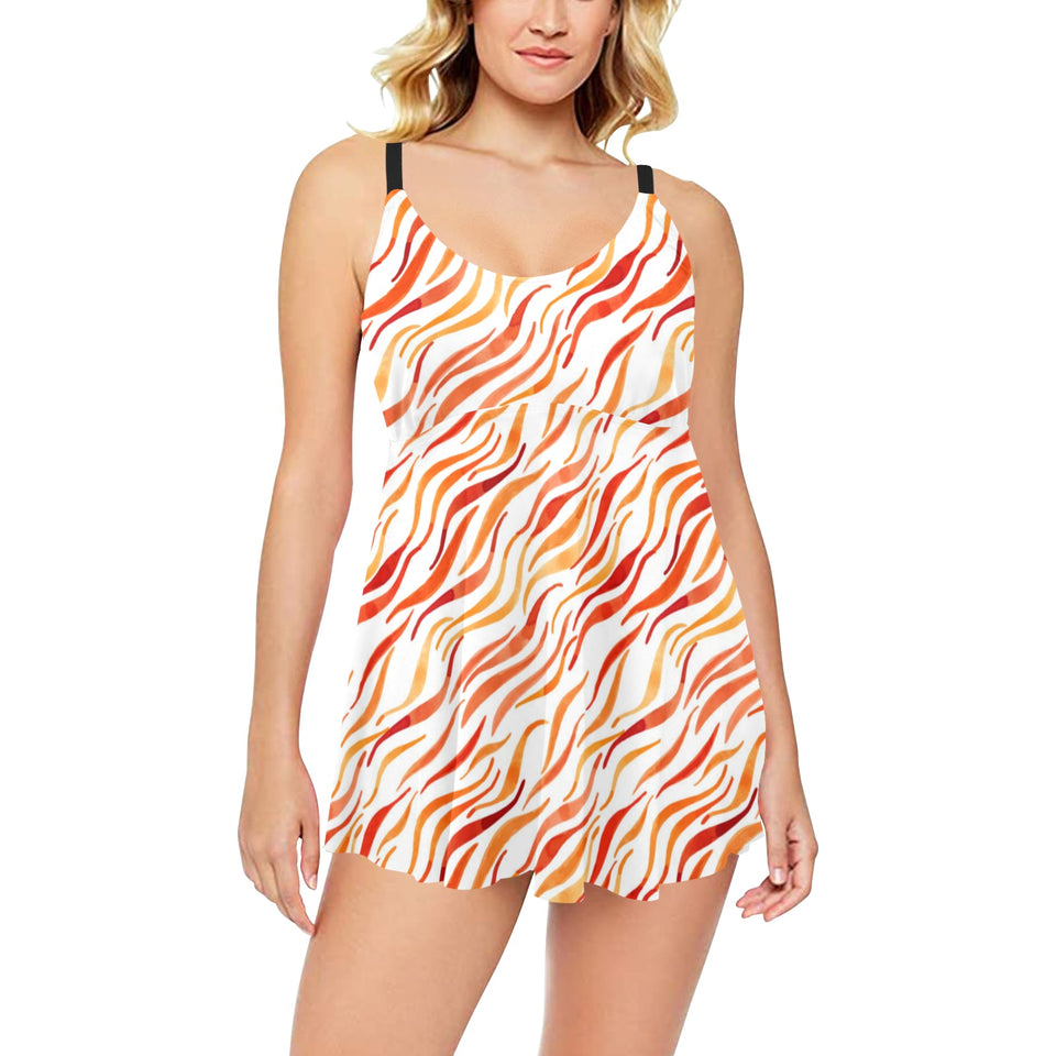 Fire flame watercolor pattern Chest Sexy Pleated Two Piece Swim Dress
