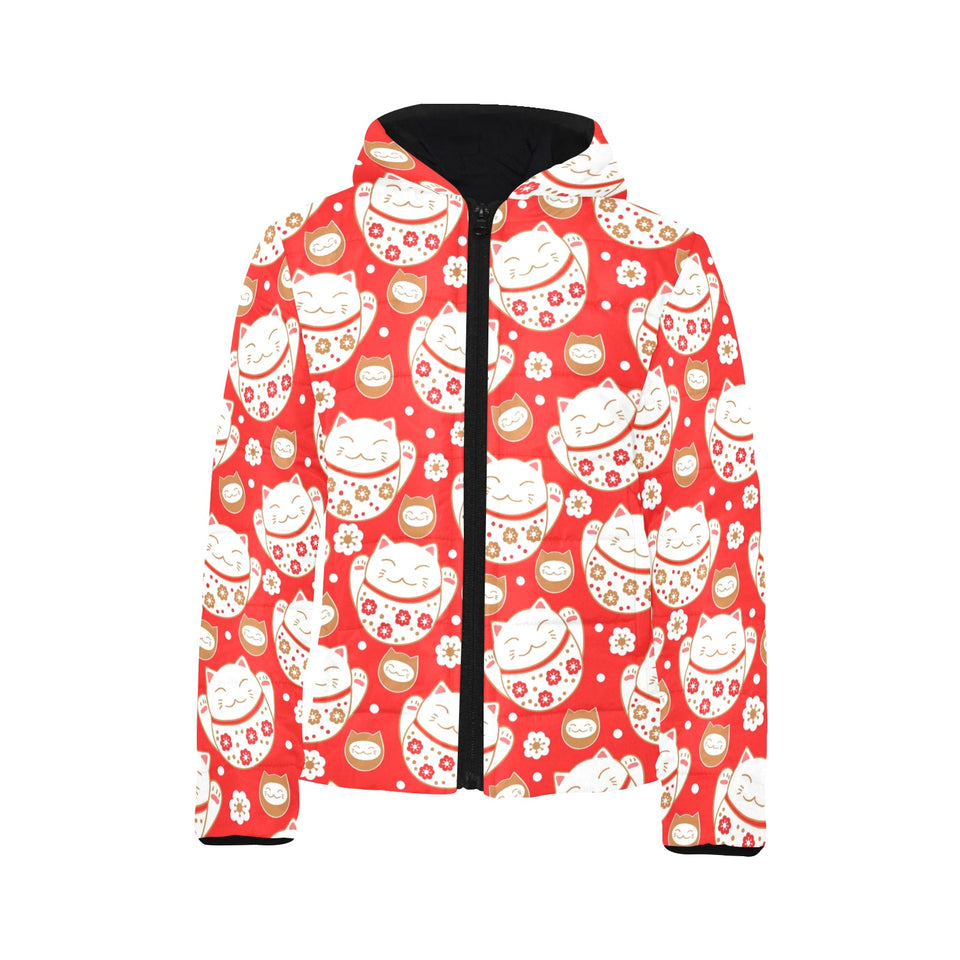 Cute Maneki neko cat red background Kids' Boys' Girls' Padded Hooded Jacket