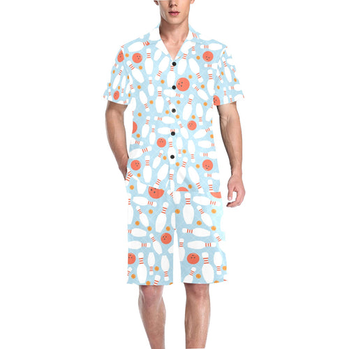 Bowling ball bowling pins blue blackground Men's V-Neck Short Pajama Set