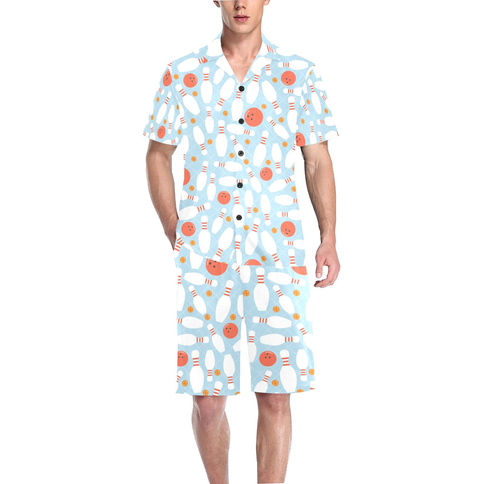 Bowling ball bowling pins blue blackground Men's V-Neck Short Pajama Set