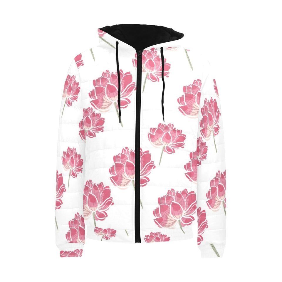 Pink lotus waterlily pattern Men's Padded Hooded Jacket