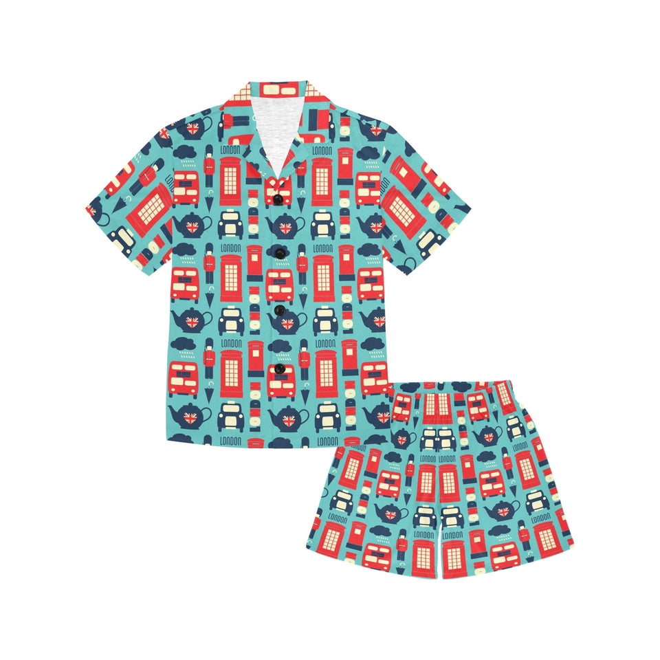 British Pattern Print Design 04 Kids' Boys' Girls' V-Neck Short Pajama Set