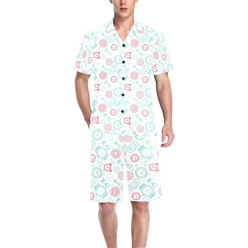 Clock time pattern blackground Men's V-Neck Short Pajama Set