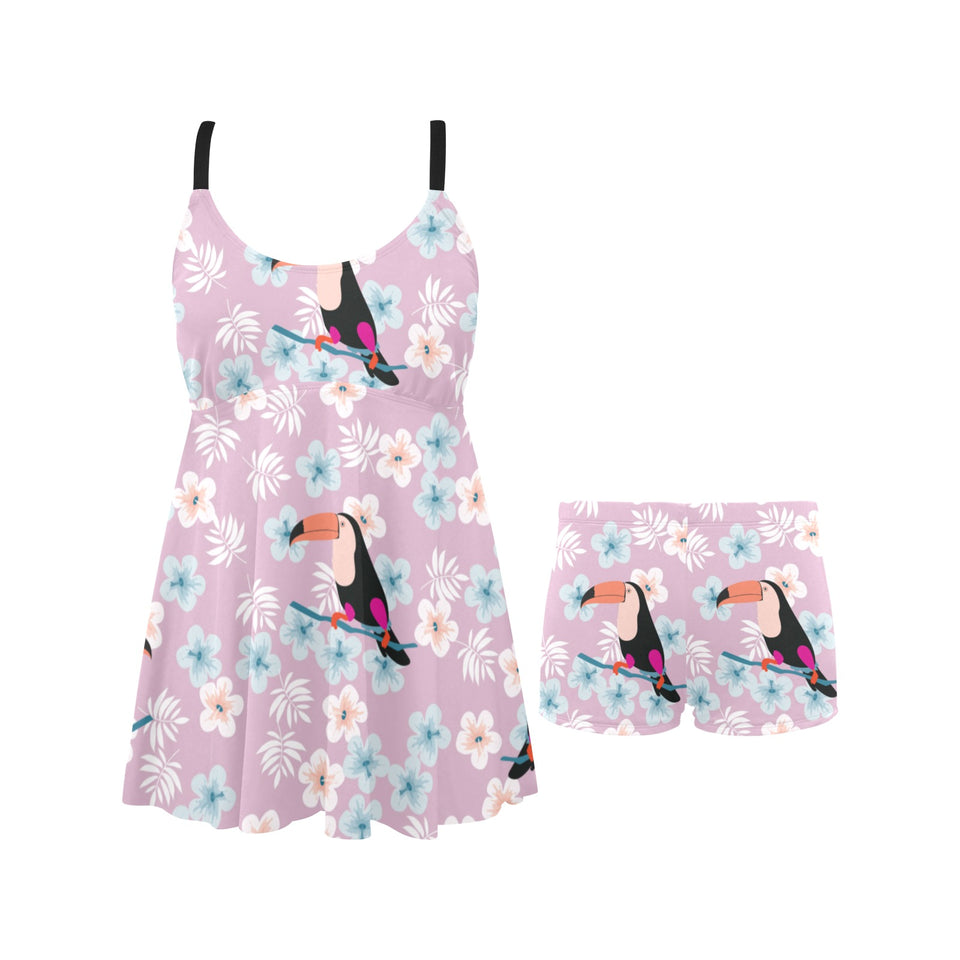 Beautiful toucan flower leaves Chest Sexy Pleated Two Piece Swim Dress