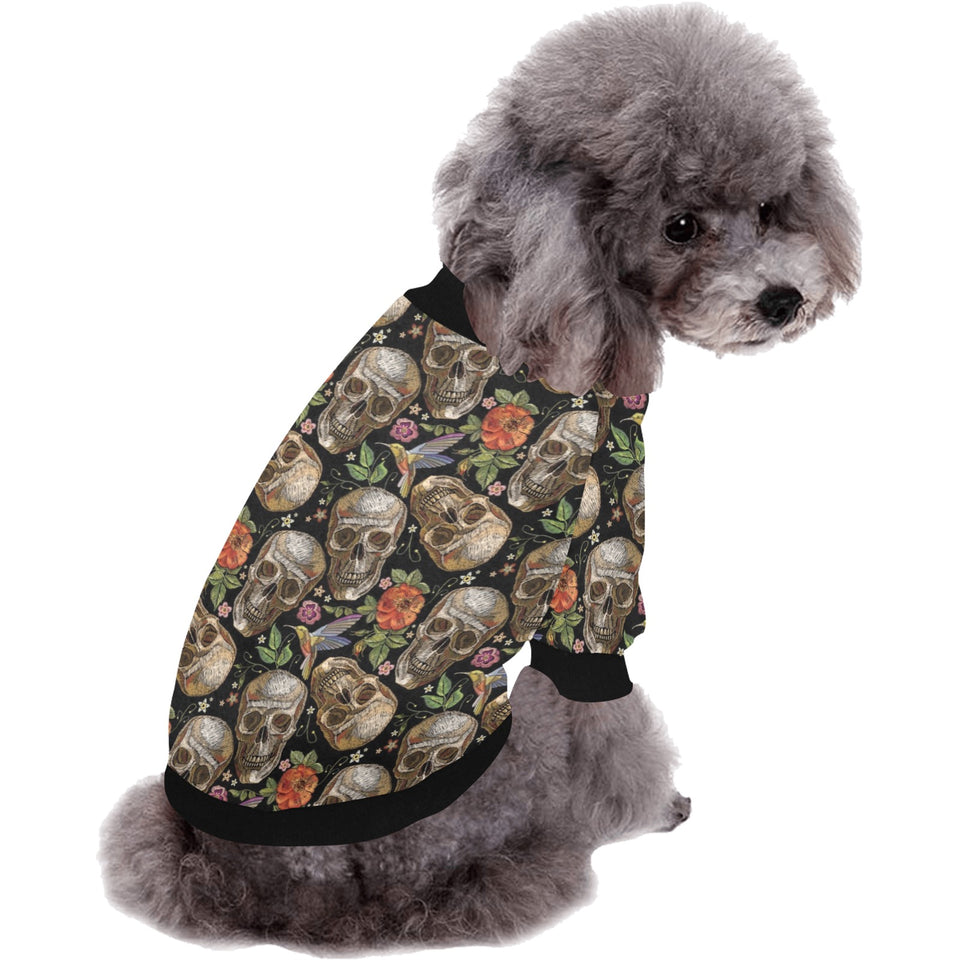 Skull rose humming bird flower pattern All Over Print Pet Dog Round Neck Fuzzy Shirt