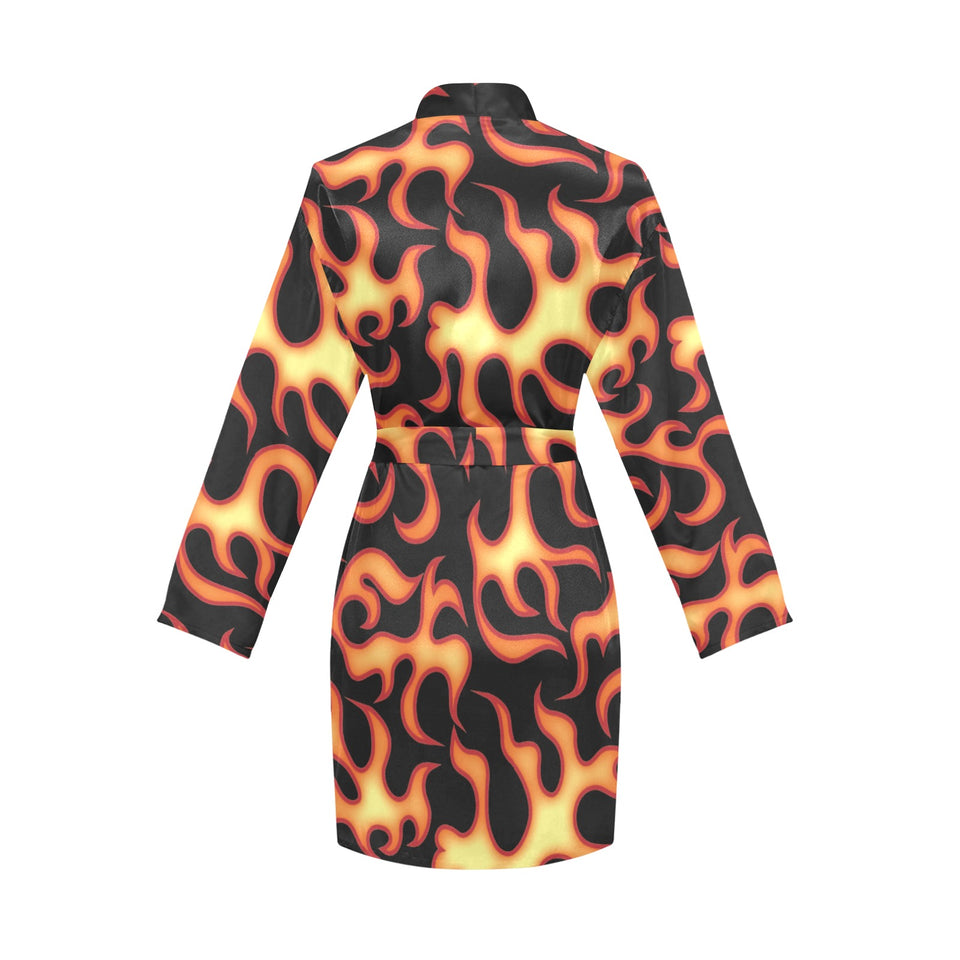 Fire flame dark pattern Women's Long Sleeve Belted Night Robe