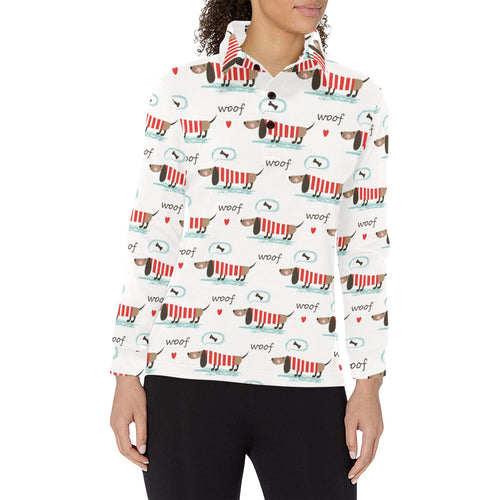 Cute dachshund bone pattern Women's Long Sleeve Polo Shirt