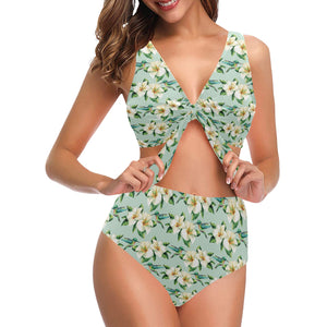 Hummingbird Pattern Print Design 01 Chest Bowknot High Waisted Bikini Swimsuit