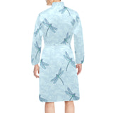 Dragonfly pattern blue background Men's Long Sleeve Belted Night Robe
