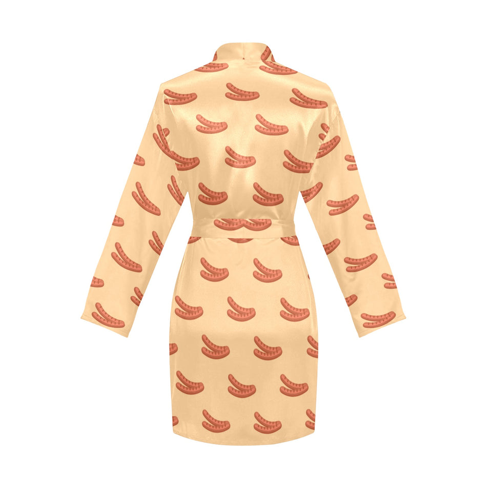 Sausage Pattern Print Design 03 Women's Long Sleeve Belted Night Robe