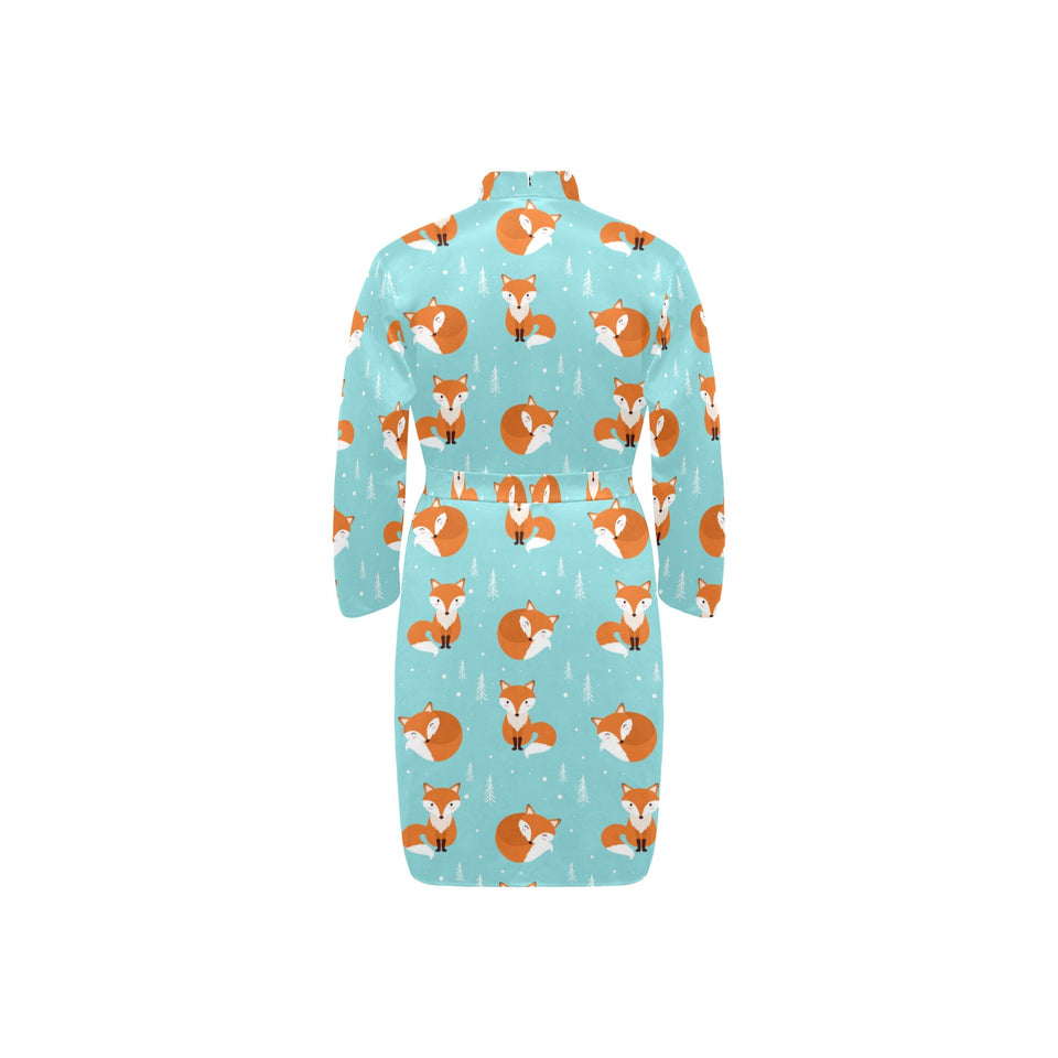 Fox pattern blue b ackground Men's Long Sleeve Belted Night Robe