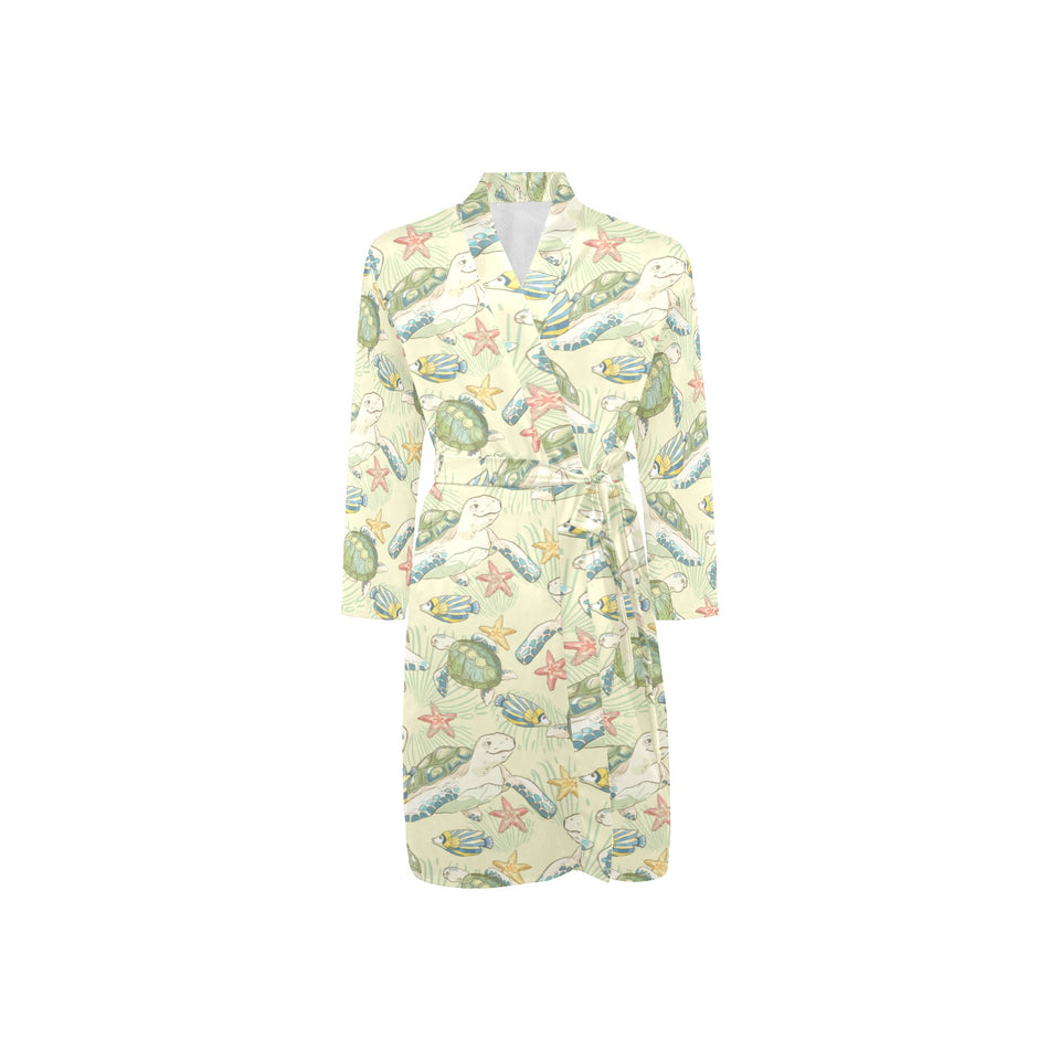 Hand drawn sea turtle fish pattern Men's Long Sleeve Belted Night Robe