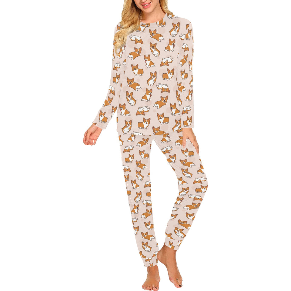 Cute Corgis Pattern pink background Women's All Over Print Pajama Set