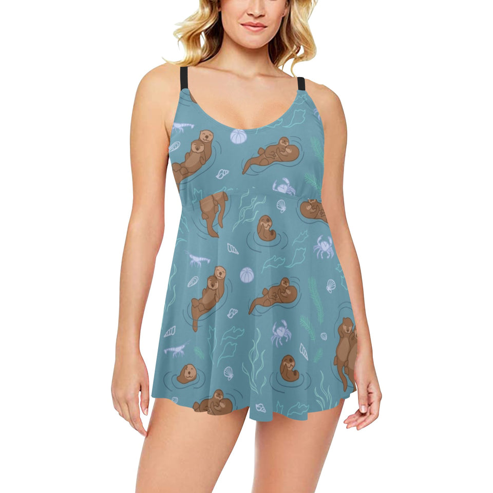 Sea otters pattern Chest Sexy Pleated Two Piece Swim Dress