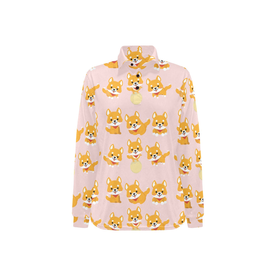Cute shiba inu dog pattern Women's Long Sleeve Polo Shirt