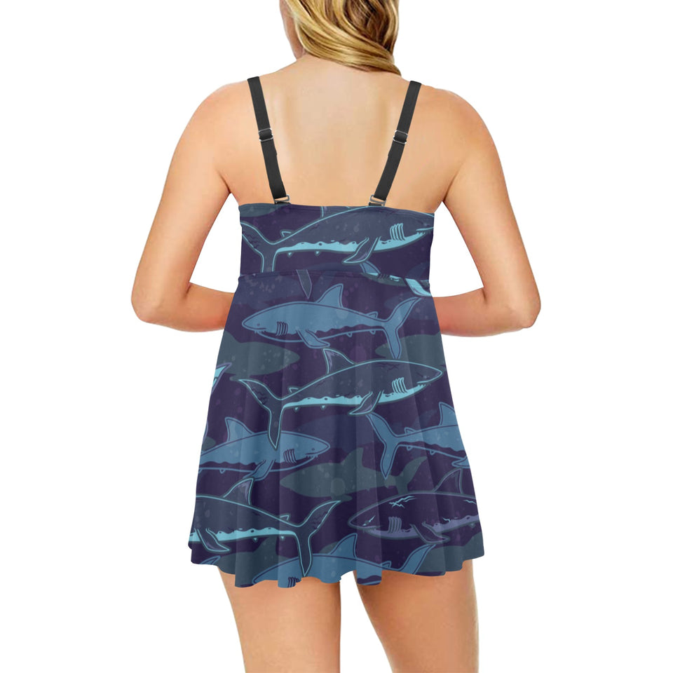 Shark pattern Chest Sexy Pleated Two Piece Swim Dress