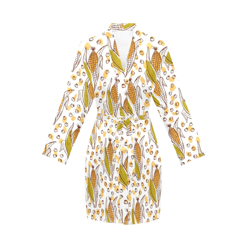 Corn Pattern Print Design 02 Women's Long Sleeve Belted Night Robe