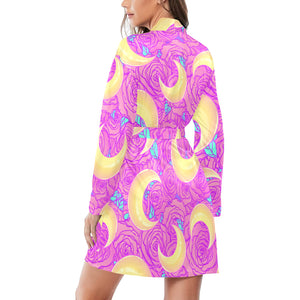 Moon pink rose background Women's Long Sleeve Belted Night Robe