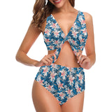 Hibiscus Pattern Print Design 02 Chest Bowknot High Waisted Bikini Swimsuit