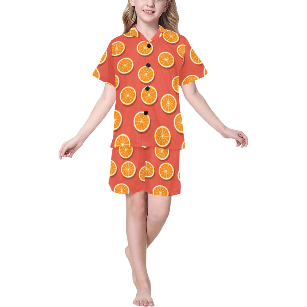 Oranges pattern red background Kids' Boys' Girls' V-Neck Short Pajama Set