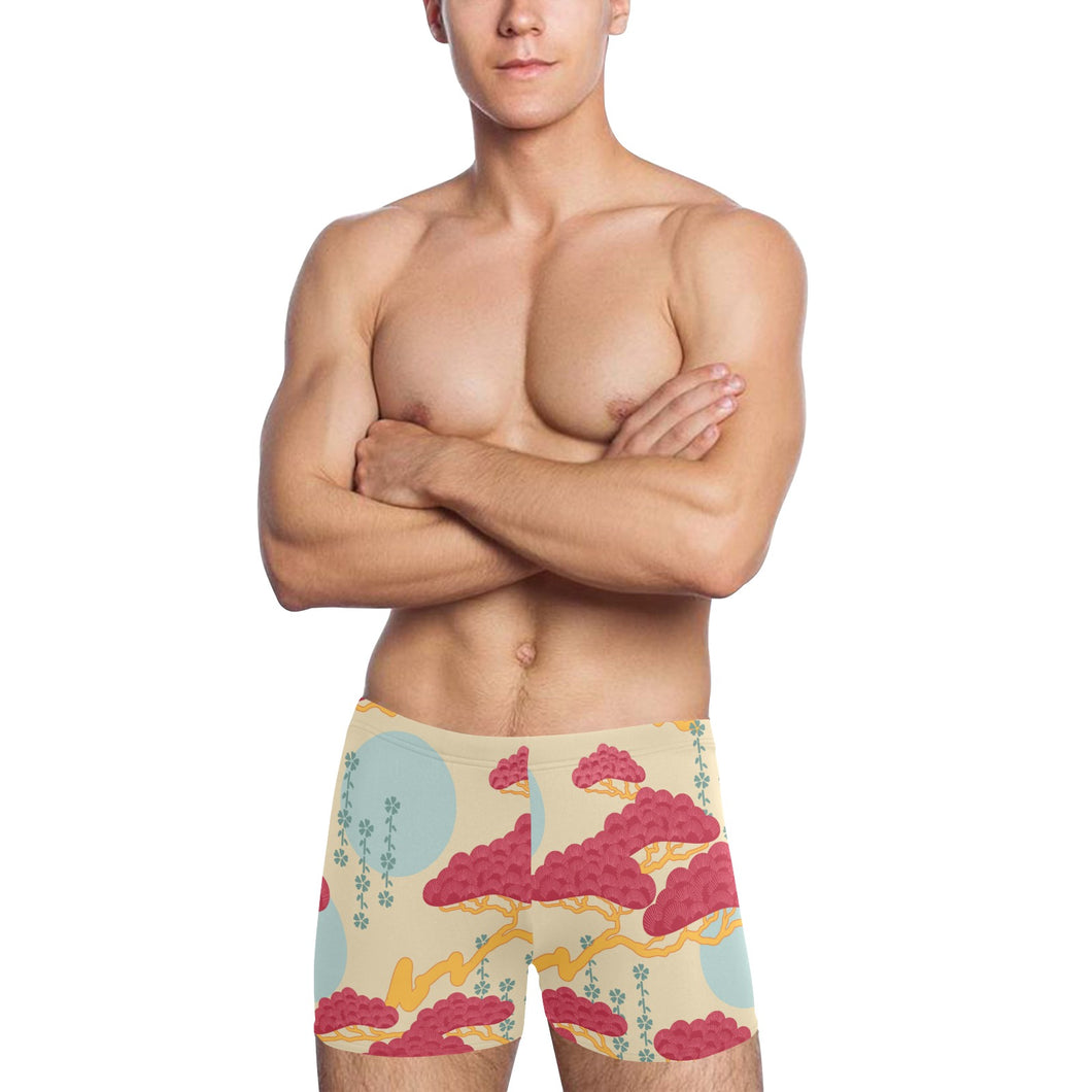 Red Bonsai gray sun japanese pattern Men's Swimming Trunks