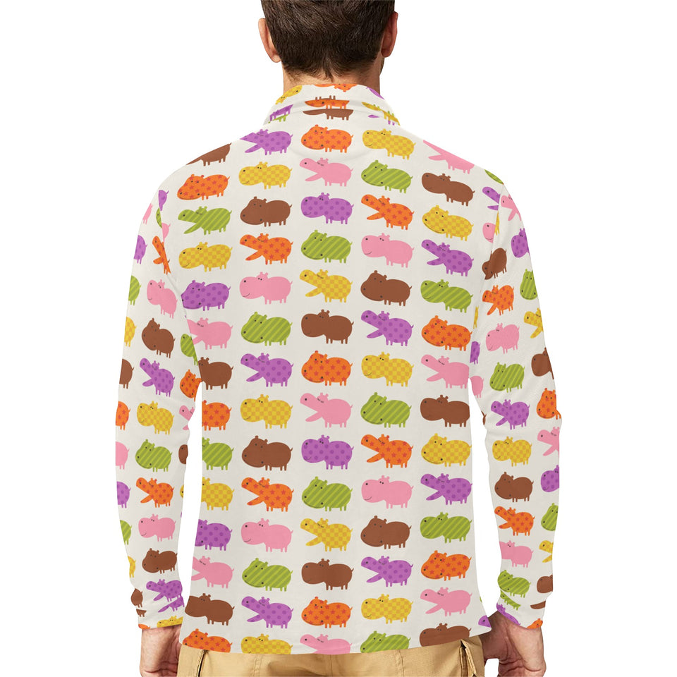 Hippopotamus Pattern Print Design 01 Men's Long Sleeve Polo Shirt