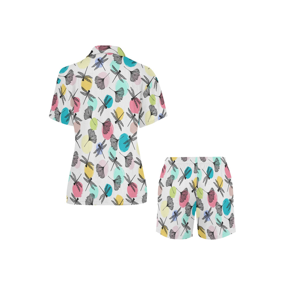 Dragonflies ginkgo leaves pattern Women's V-Neck Short Pajama Set