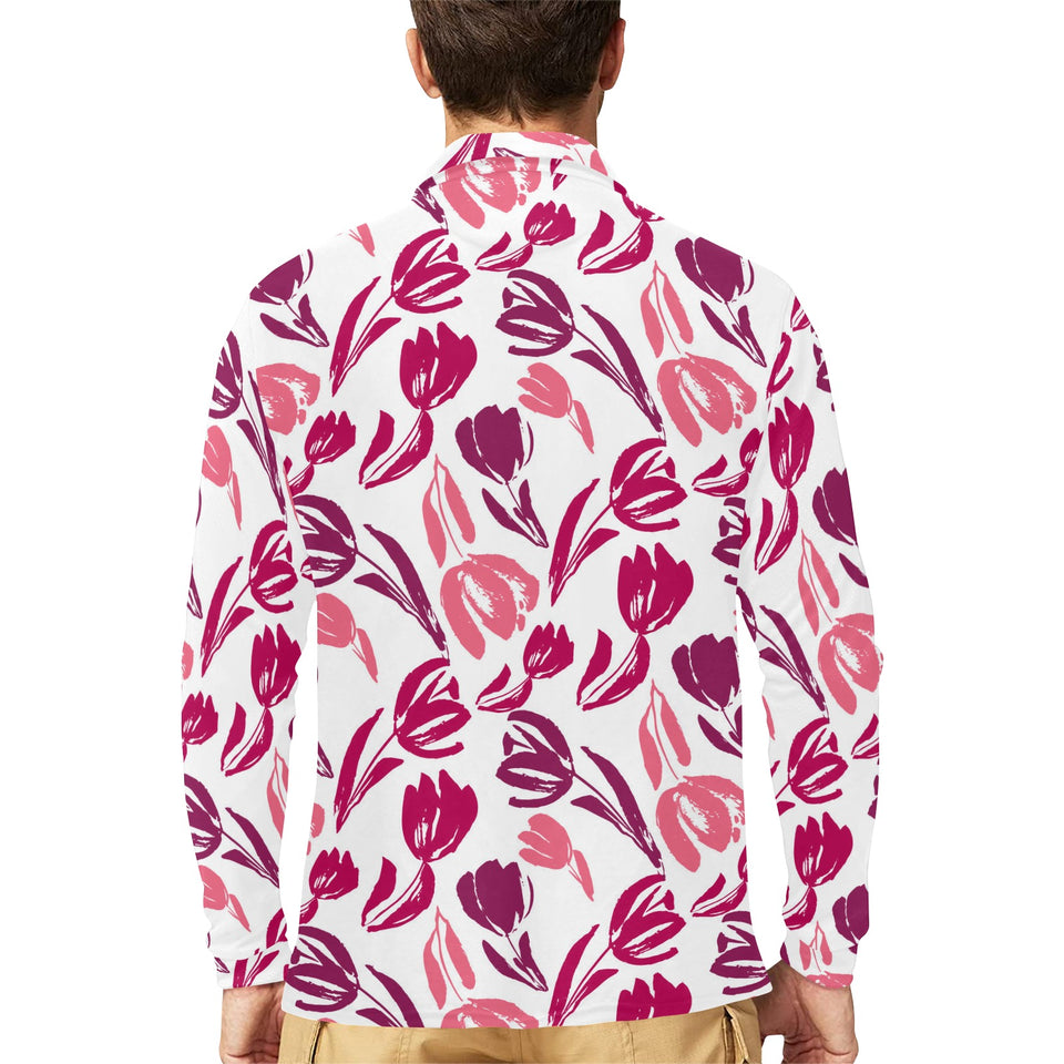 pink sketch tulip pattern Men's Long Sleeve Polo Shirt