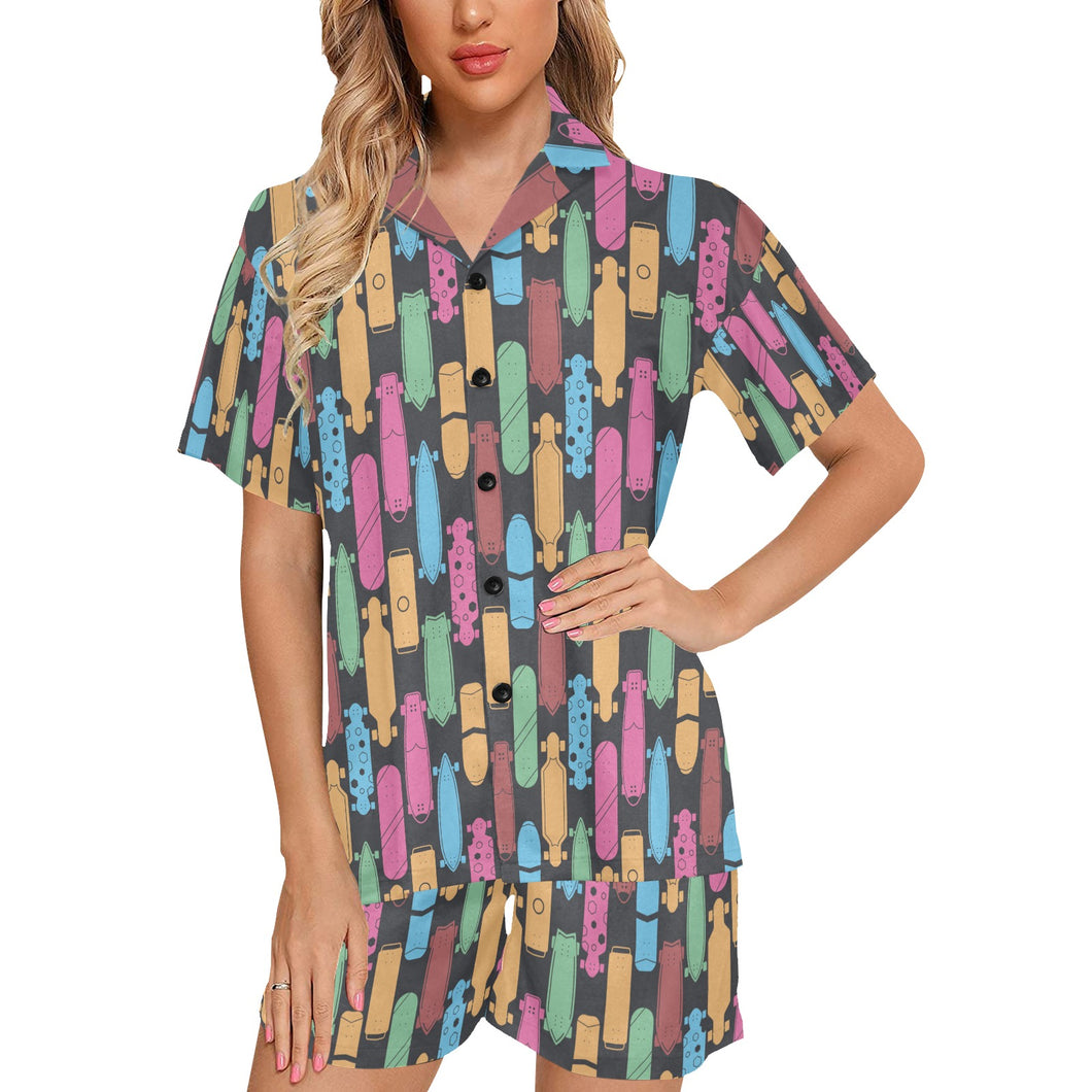 Skate Board Pattern Print Design 02 Women's V-Neck Short Pajama Set