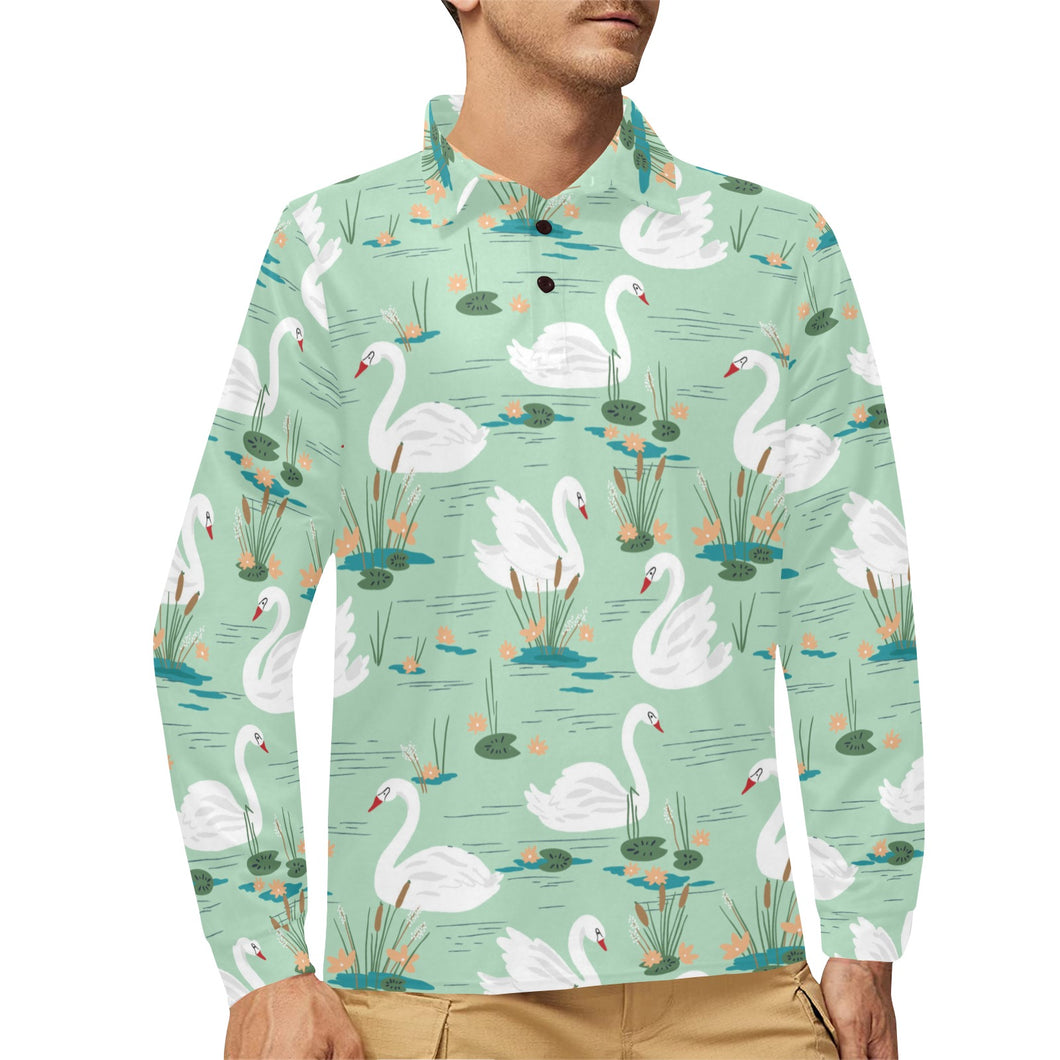 White swan lake pattern Men's Long Sleeve Polo Shirt