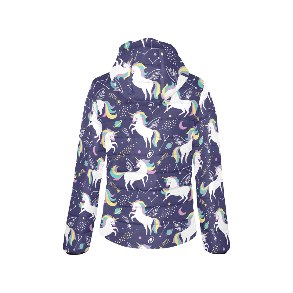 Hand drawn cute unicorn star planet Women's Padded Hooded Jacket