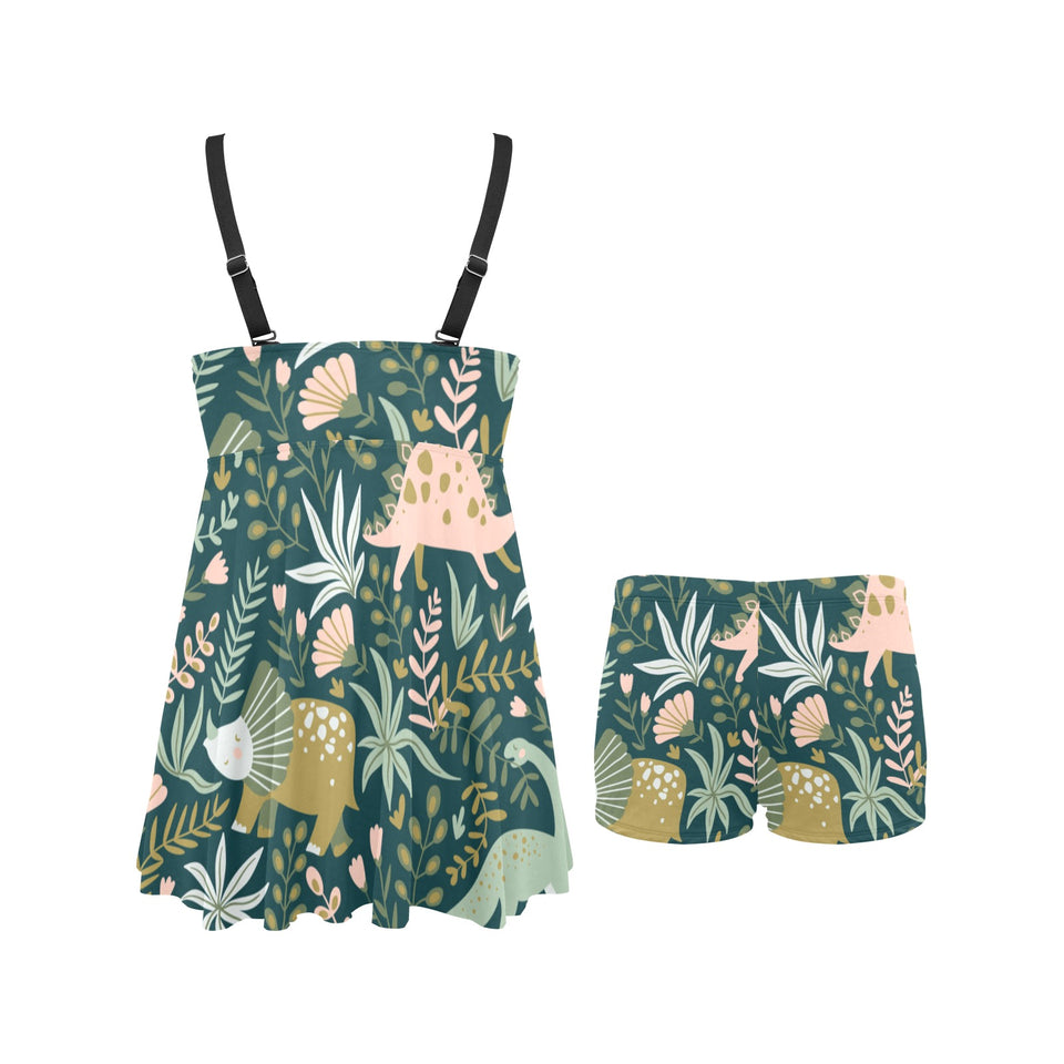 dinosaurs tropical leaves flower pattern Chest Sexy Pleated Two Piece Swim Dress