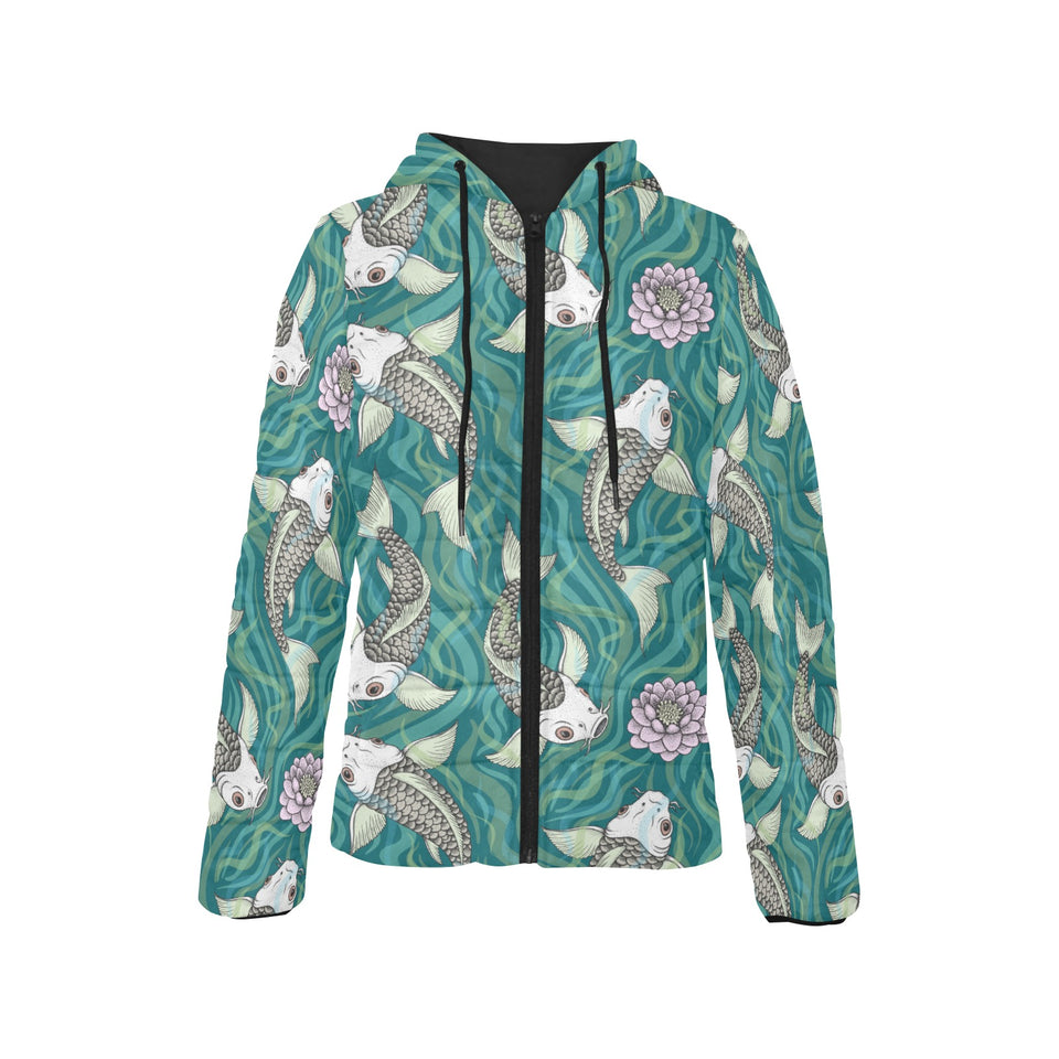 Koi Fish Carp Fish lotus pattern Women's Padded Hooded Jacket